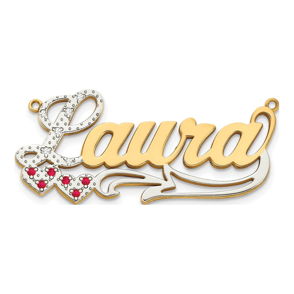 14K White Gold Rhodium-Plated 3-Dimensional Diamond & 0.01ct Ruby Name Plate