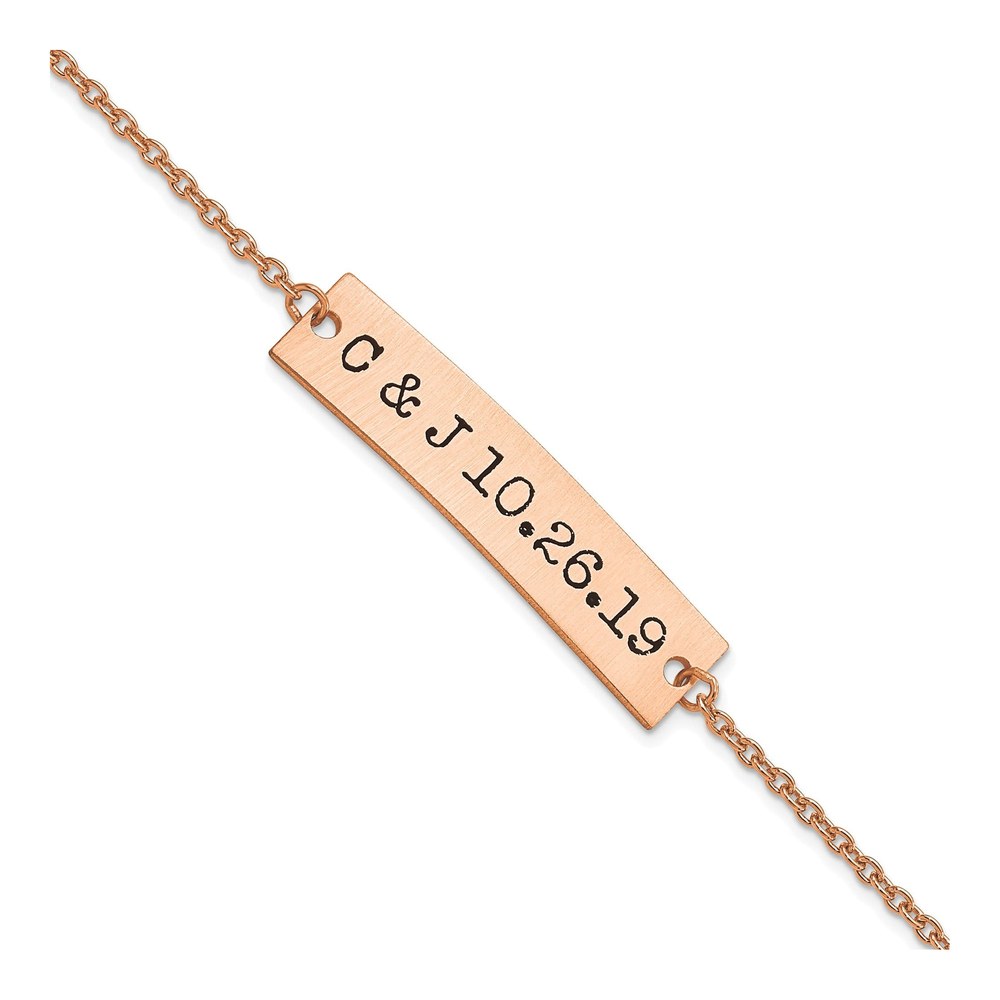Sterling Silver/rose-Plated Brushed Epoxy Initials And Date Bar Bracelet with Lobster Clasp
