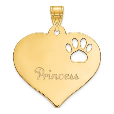14K Yellow Gold Personalized Heart Name Paw Print Pendant