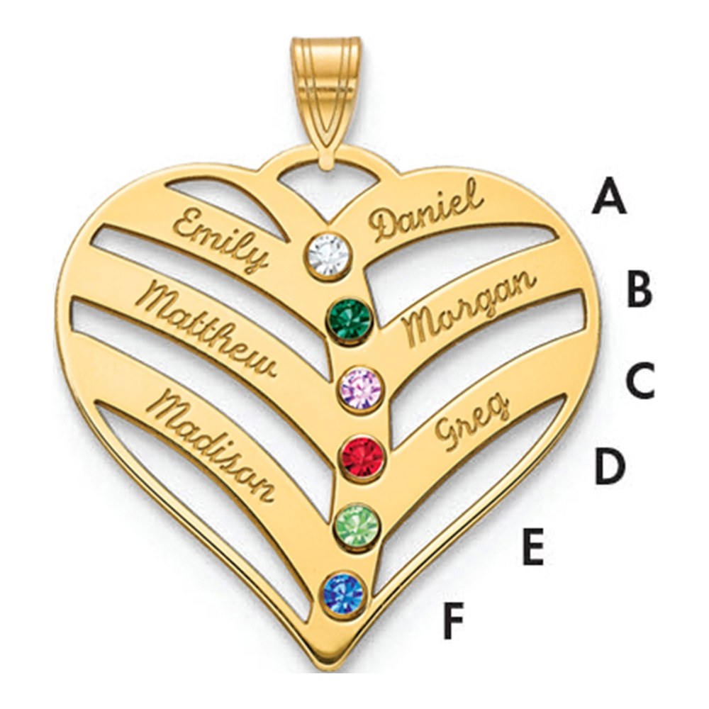14K Rose 6 Name Mothers Heart Charm With 18K Yellow Gold Bezel Birthstones