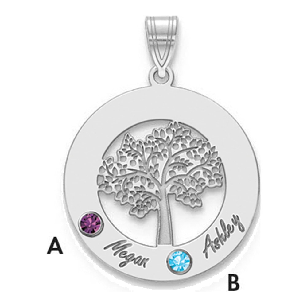 14K White Gold Family Tree Circle 2 Names & Birthstones With 18K Rhodium Plated Bezels