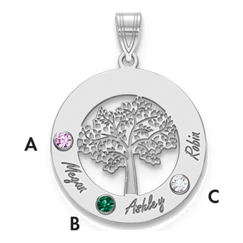 14K White Gold Family Tree Circle 3 Names & Birthstones With 18K Rhodium Plated Bezels