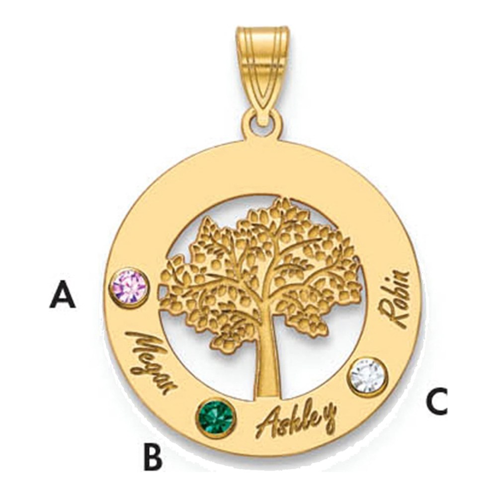 14K Yellow Gold Family Tree In Circle 3 Names And Birthstones With 14K Bezel Pendant