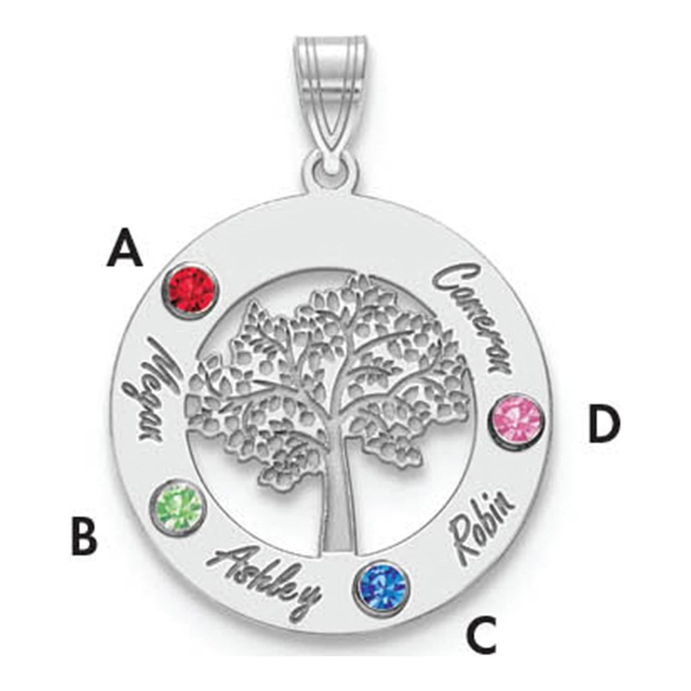 Sterling Silver/rhod-Plated Family Tree In Circle With 4 Names And Birthstones Pendant