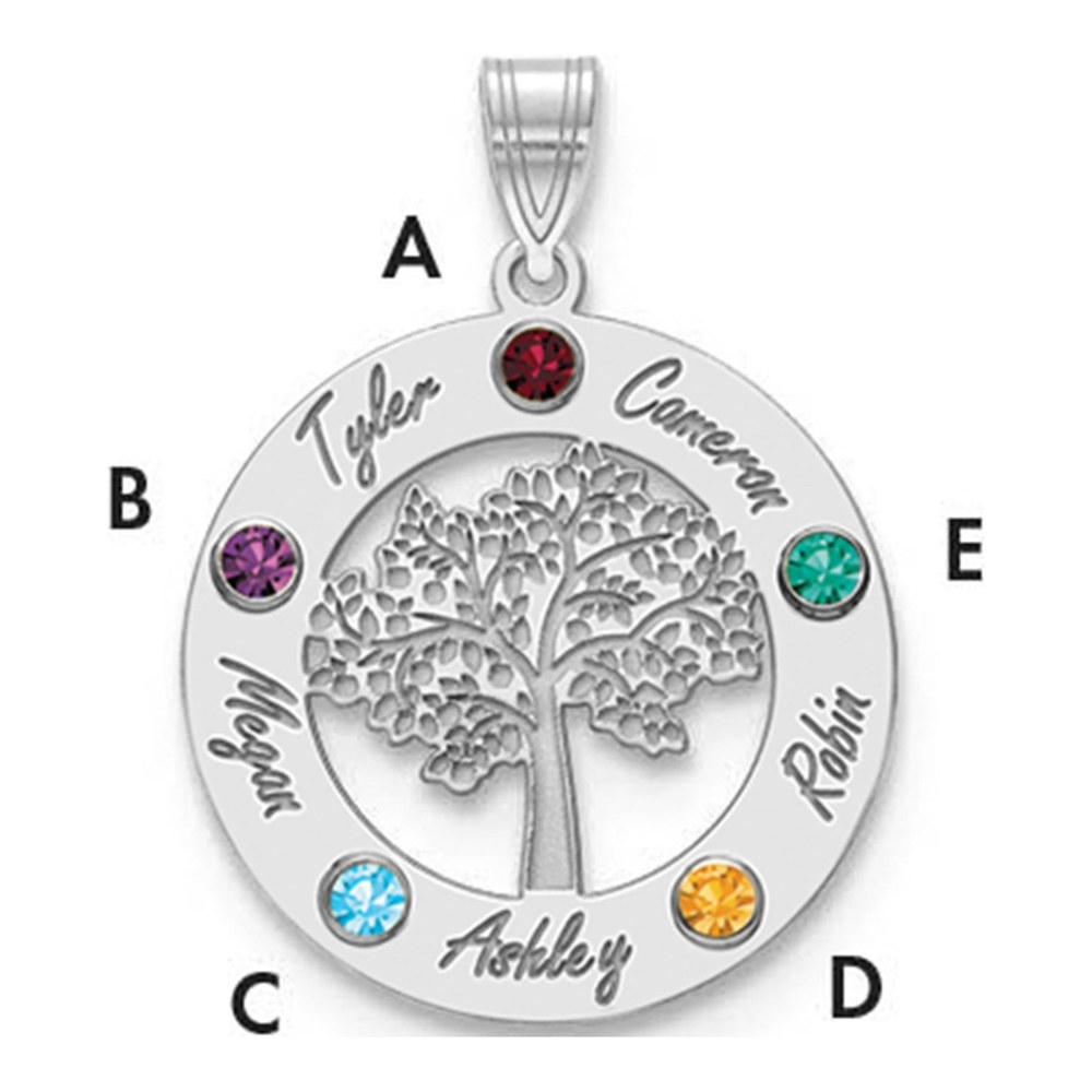 Sterling Silver/rhod-Plated Family Tree In Circle With 5 Names And Birthstones Pendant