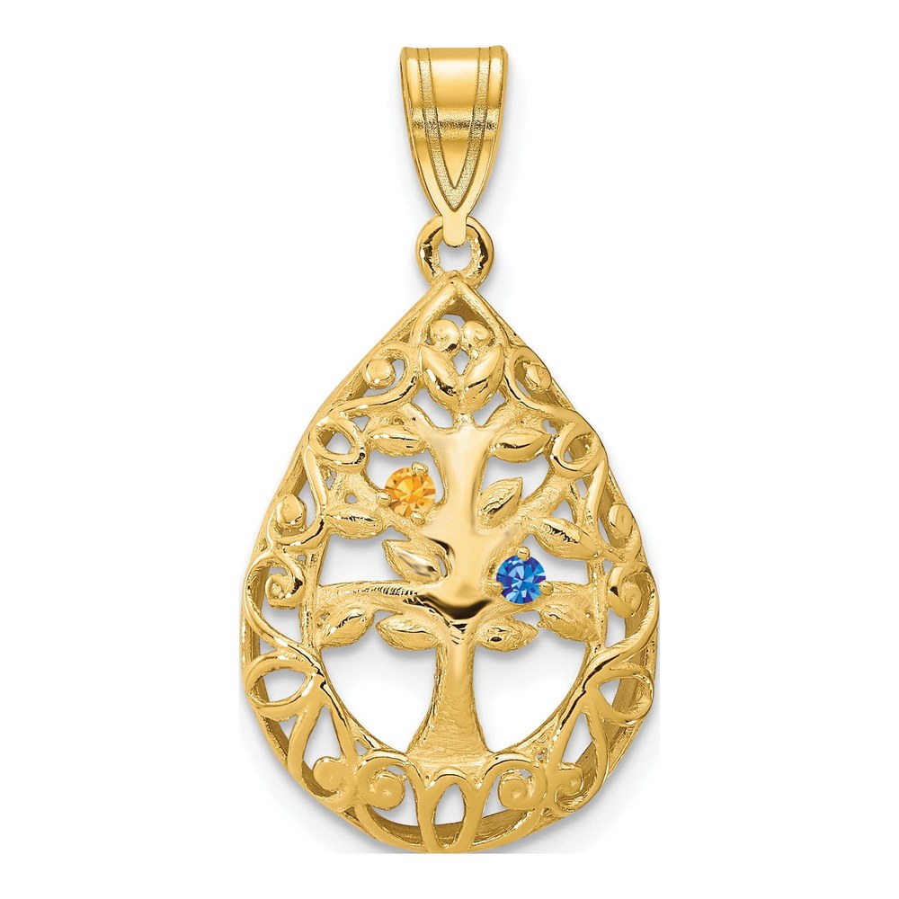 14K Yellow Gold 2 Birthstone Tree Of Life Tear Drop Pendant