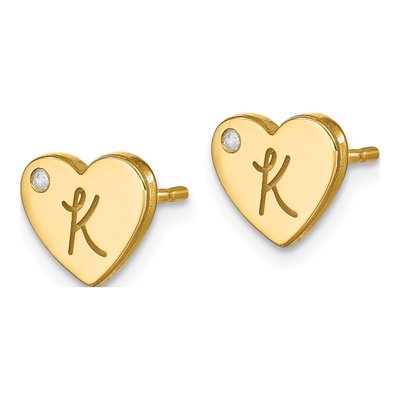 Gold-Plated Sterling Silver 1mm Round Diamond Personalized Initial Heart Stud Earrings – view 2
