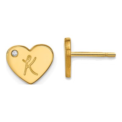 Gold-Plated Sterling Silver 1mm Round Diamond Personalized Initial Heart Stud Earrings