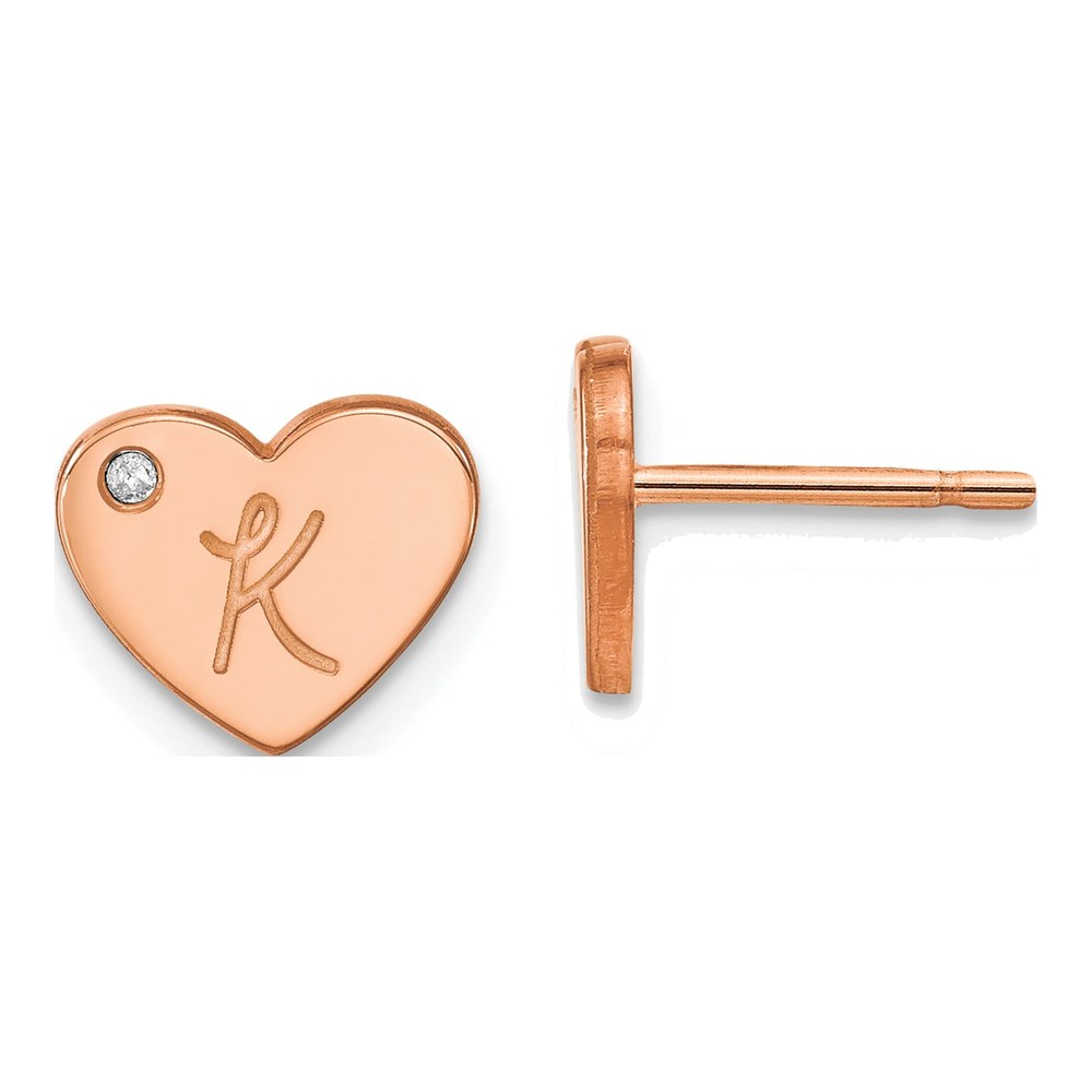 Rose Gold-Plated Sterling Silver 1mm Round Diamond Initial Heart Stud Earrings