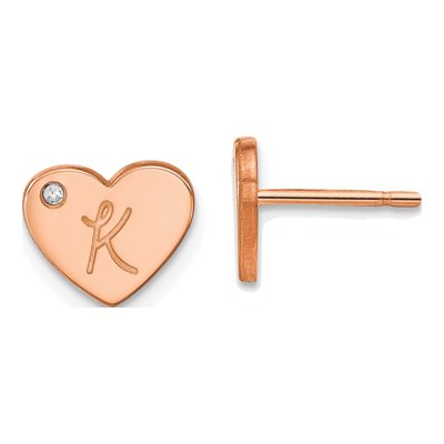 Rose Gold-Plated Sterling Silver 1mm Round Diamond Initial Heart Stud Earrings