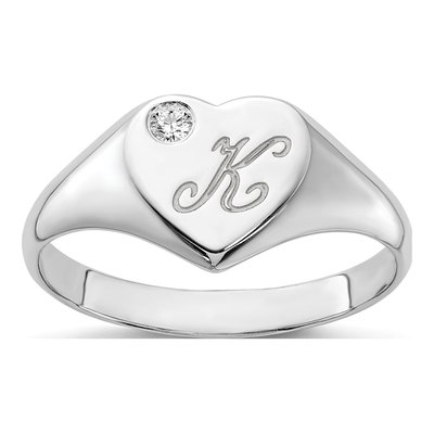 Sterling Silver Diamond Heart Initial Signet Ring