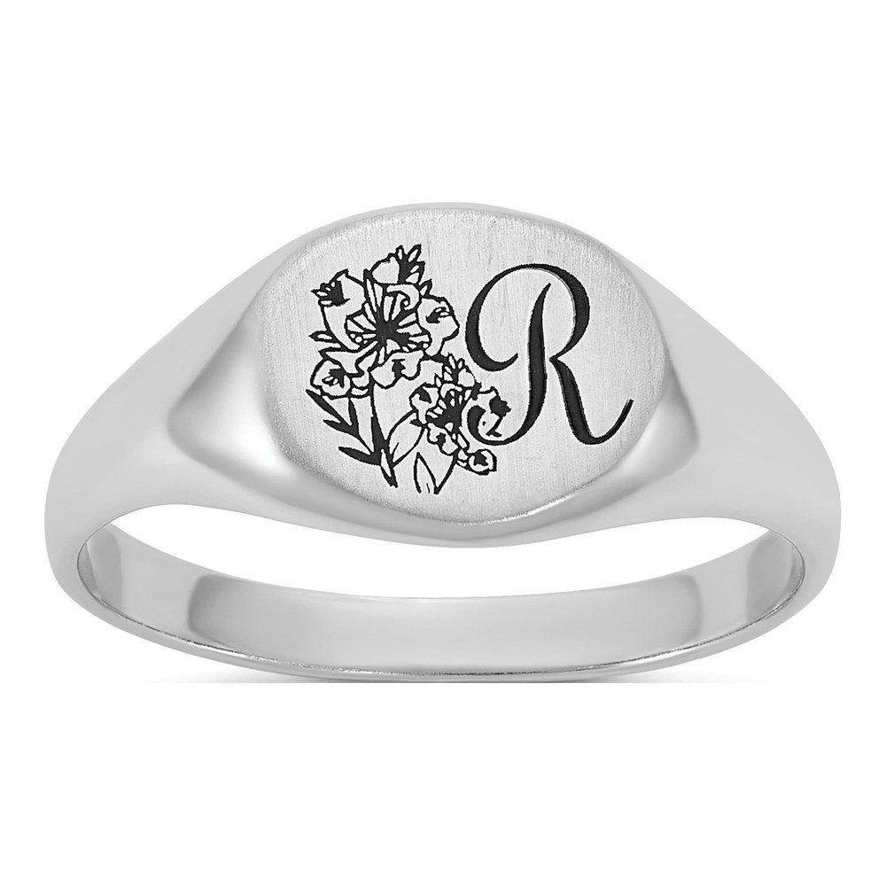 14K White Gold Rhodium-Plated Epoxy Initial And Birth Flower Signet Ring