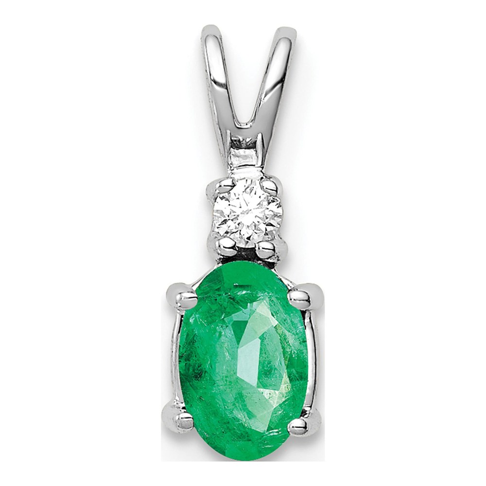 14K White Gold Emerald & Diamond Oval Pendant