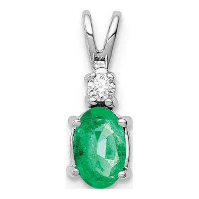 14K White Gold Emerald & Diamond Oval Pendant