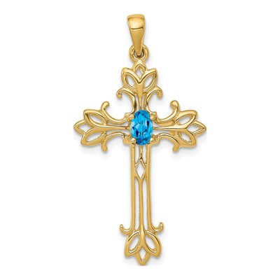 14K Yellow Gold Swiss Blue Topaz Cross Pendant