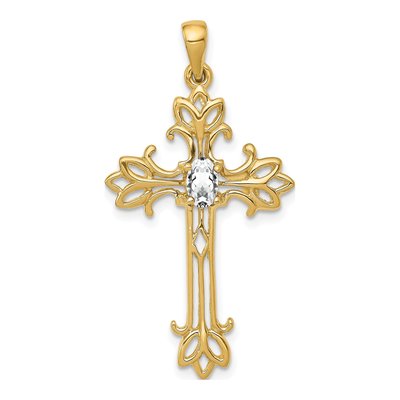 14K Yellow Gold CZ Oval Cross Pendant