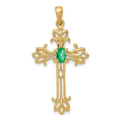 14K Yellow Gold Emerald Natural Cross Pendant
