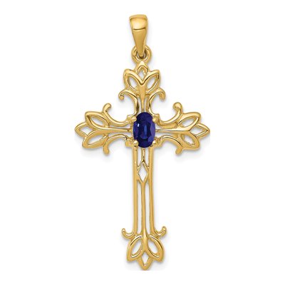 14K Yellow Gold Sapphire Cross Pendant