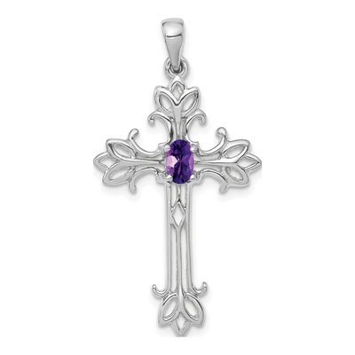 14K White Gold Amethyst Cross Pendant
