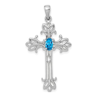 14K White Gold Swiss Blue Topaz Cross Pendant