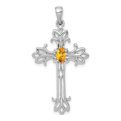 14K White Gold Citrine Oval Cross Pendant