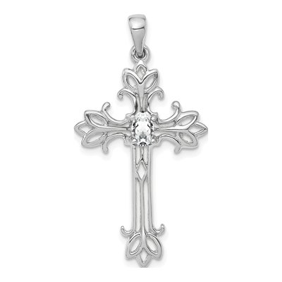 14K White Gold CZ Oval Cross Pendant