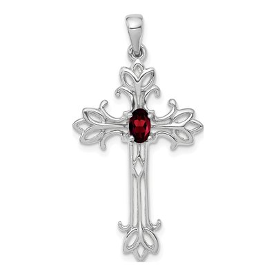 14K White Gold Garnet Cross Pendant