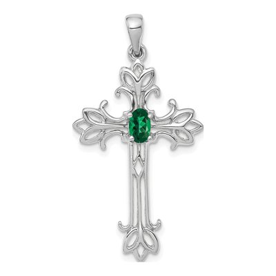 14K White Gold Lab-Created Helenite Mount St Helens Cross Pendant