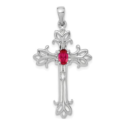 14K White Gold Ruby Oval Cross Pendant