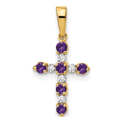 14K Yellow Gold 1/20 ct tw Amethyst & Diamond Cross Pendant