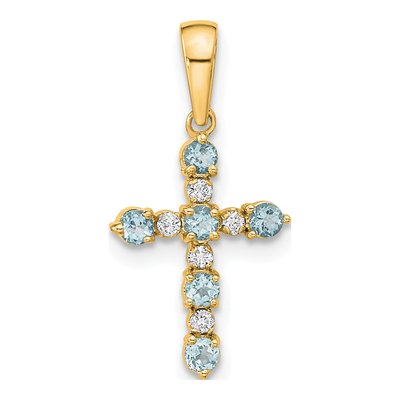 14K Yellow Gold 1/20 ct tw Aquamarine Diamond Cross Pendant