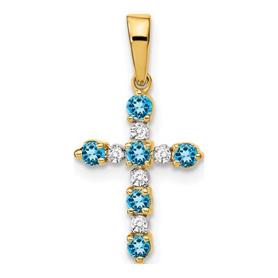 14K Yellow Gold 1/20 ct tw Swiss Blue Topaz & Diamond Cross Pendant