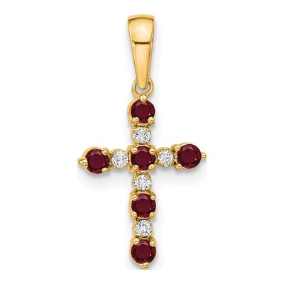 14K Yellow Gold 1/20 ct tw Ruby Diamond Cross Pendant