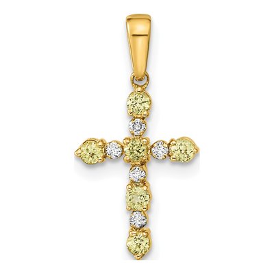 14K Yellow Gold 1/20 ct tw Peridot & Diamond Cross Pendant