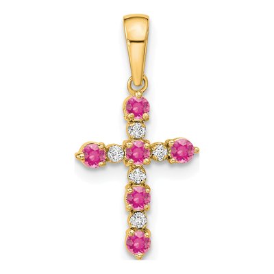 14K Yellow Gold 1/20 ct tw Pink Tourmaline Diamond Cross Pendant