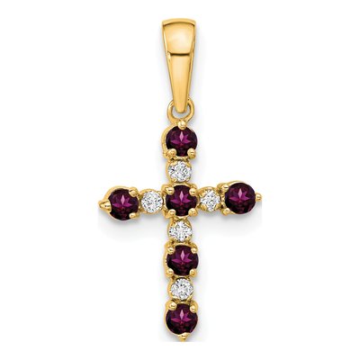 14K Yellow Gold 1/20 ct tw Rhodolite Garnet Diamond Cross Pendant