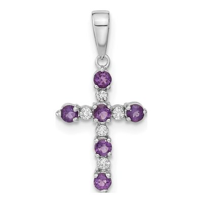 14K White Gold 1/20 ct tw Amethyst & Diamond Cross Pendant