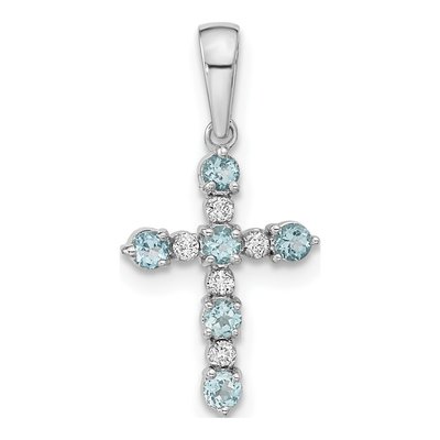 14K White Gold 1/20 ct tw Aquamarine Diamond Cross Pendant