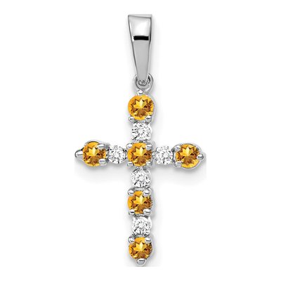 14K White Gold 1/20 ct tw Citrine Diamond Cross Pendant