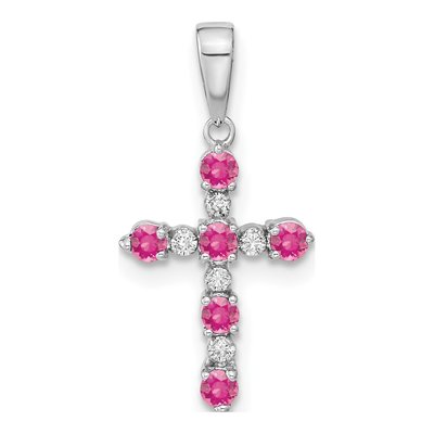 14K White Gold 1/20 ct tw Pink Tourmaline Diamond Cross Pendant
