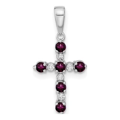 14K White Gold 1/20 ct tw Rhodolite Garnet Diamond Cross Pendant