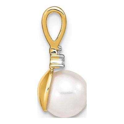 14K Yellow Gold Freshwater Cultured Pearl & Diamond Round Pendant – view 2