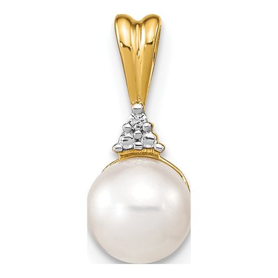 14K Yellow Gold Freshwater Cultured Pearl & Diamond Round Pendant