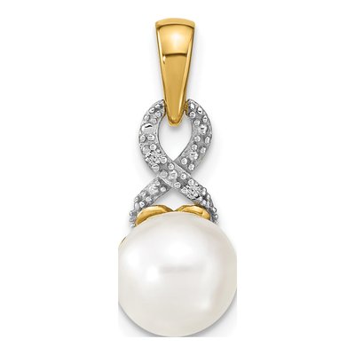 14K Yellow Gold Freshwater Cultured Pearl & Diamond Round Pendant