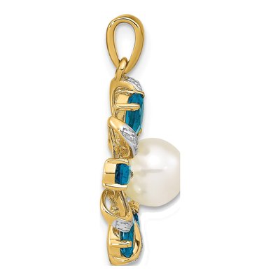 14K Yellow Gold London Blue Topaz & Freshwater Cultured Pearl Button Pear Pendant – view 2