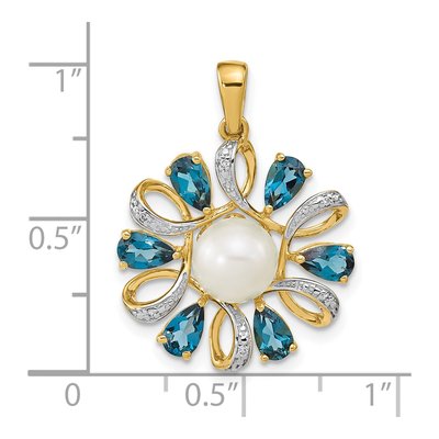 14K Yellow Gold London Blue Topaz & Freshwater Cultured Pearl Button Pear Pendant – view 3