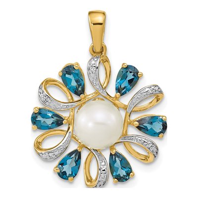 14K Yellow Gold London Blue Topaz & Freshwater Cultured Pearl Button Pear Pendant