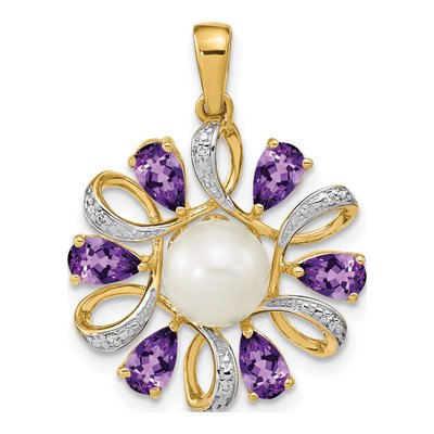 14K Yellow Gold Amethyst & Freshwater Cultured Pearl Button Pear Pendant