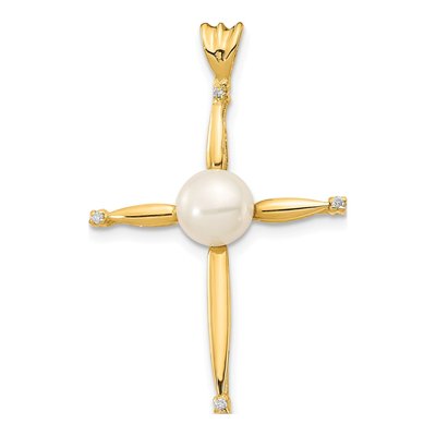14K Yellow Gold Freshwater Cultured Pearl & Diamond Cross Pendant