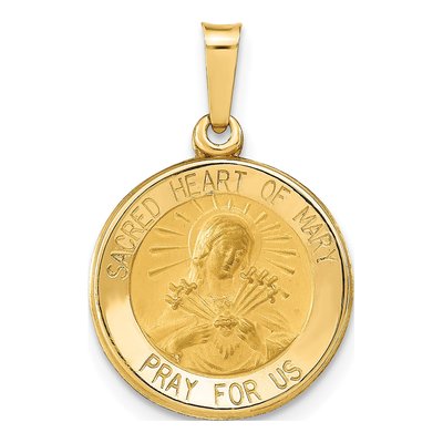 14K Yellow Gold Sacred Heart of Mary Medal Hollow Pendant
